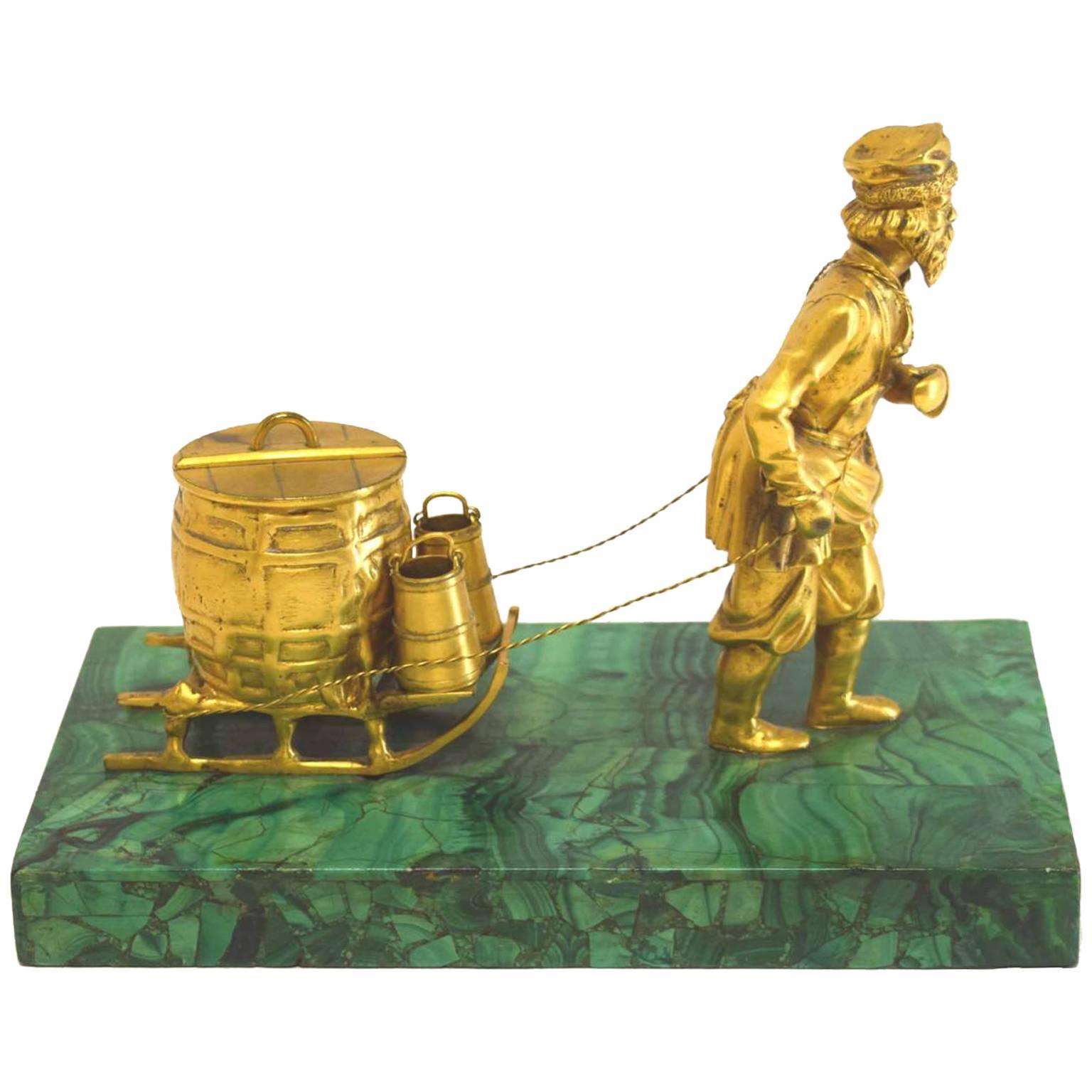 Russian Bronze Doré and Malachite Figural Inkwell, Mid-19th Century For Sale
