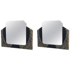 Pair of French Art Deco Black Lacquer and White Gold Mirrors 7