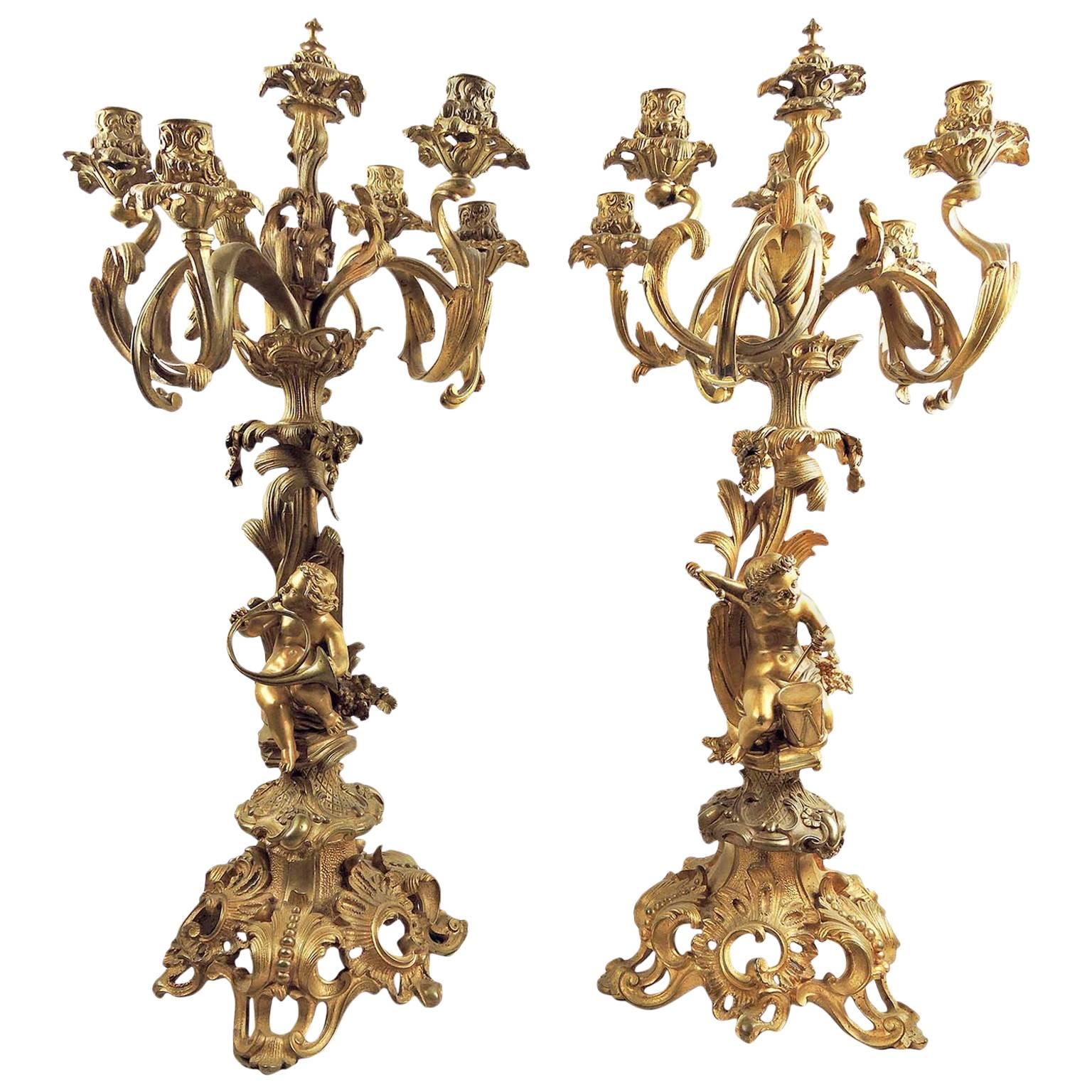 Pair of Large 19th Century Gilt Bronze-Mounted Six-Arm Figural Rococo Candelabra For Sale