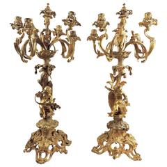 Antique Pair of Large 19th Century Gilt Bronze-Mounted Six-Arm Figural Rococo Candelabra