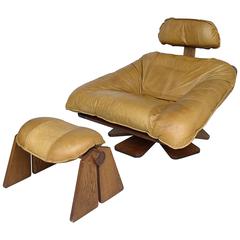 Cognac Leather Lounge Chair with Ottoman, Brazil, 1960s