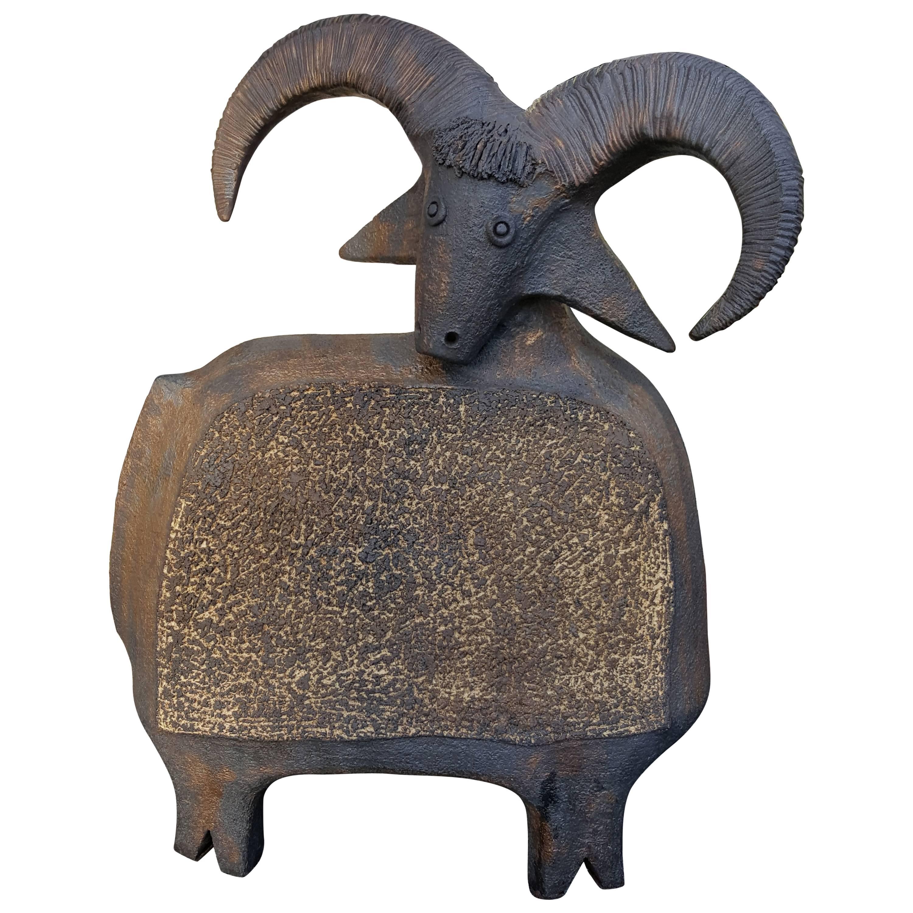 Terracotta Goat by Pouchain in Brown and Gold Patina For Sale