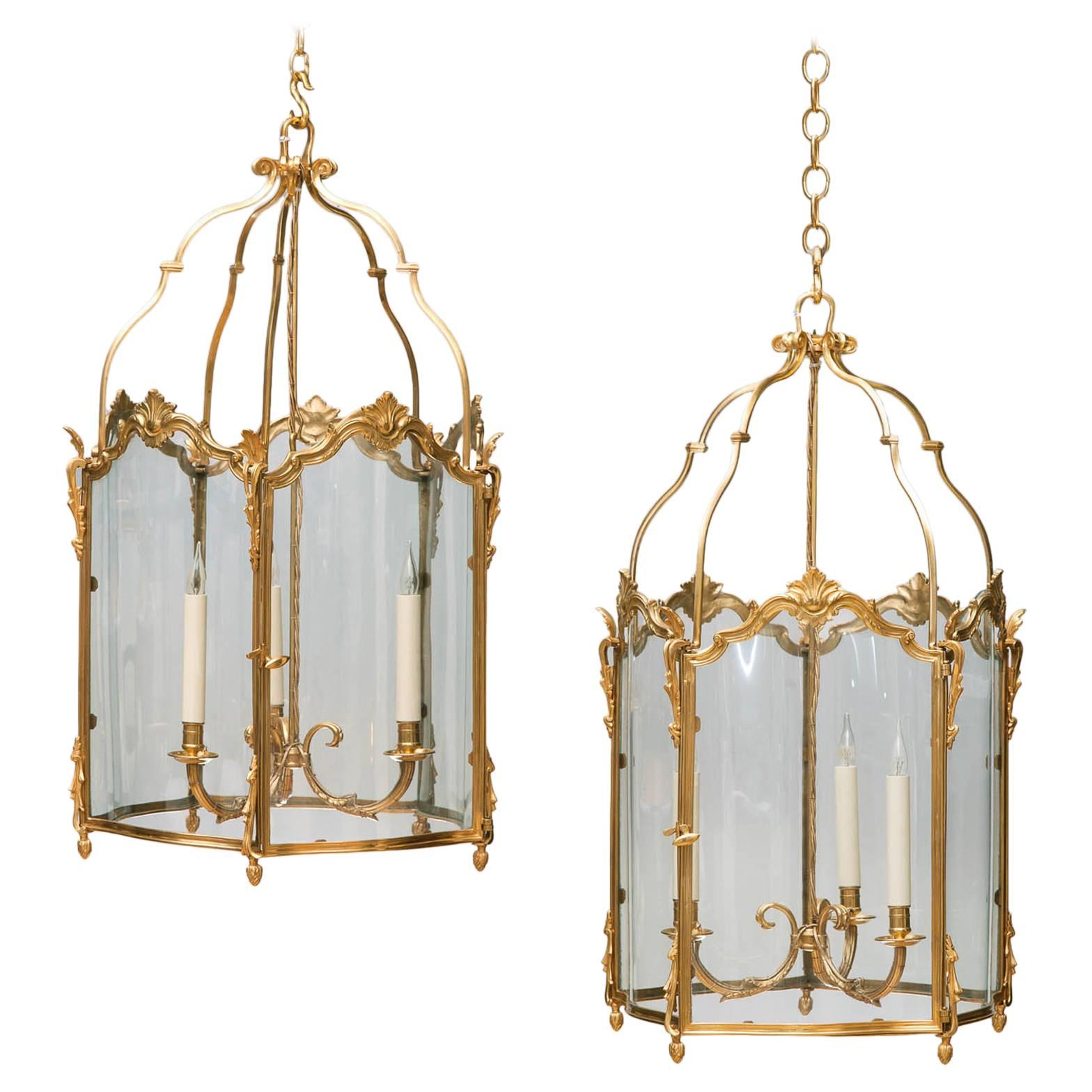 Pair of Large 19th Century Louis XV Style Gilt Bronze Lanterns For Sale