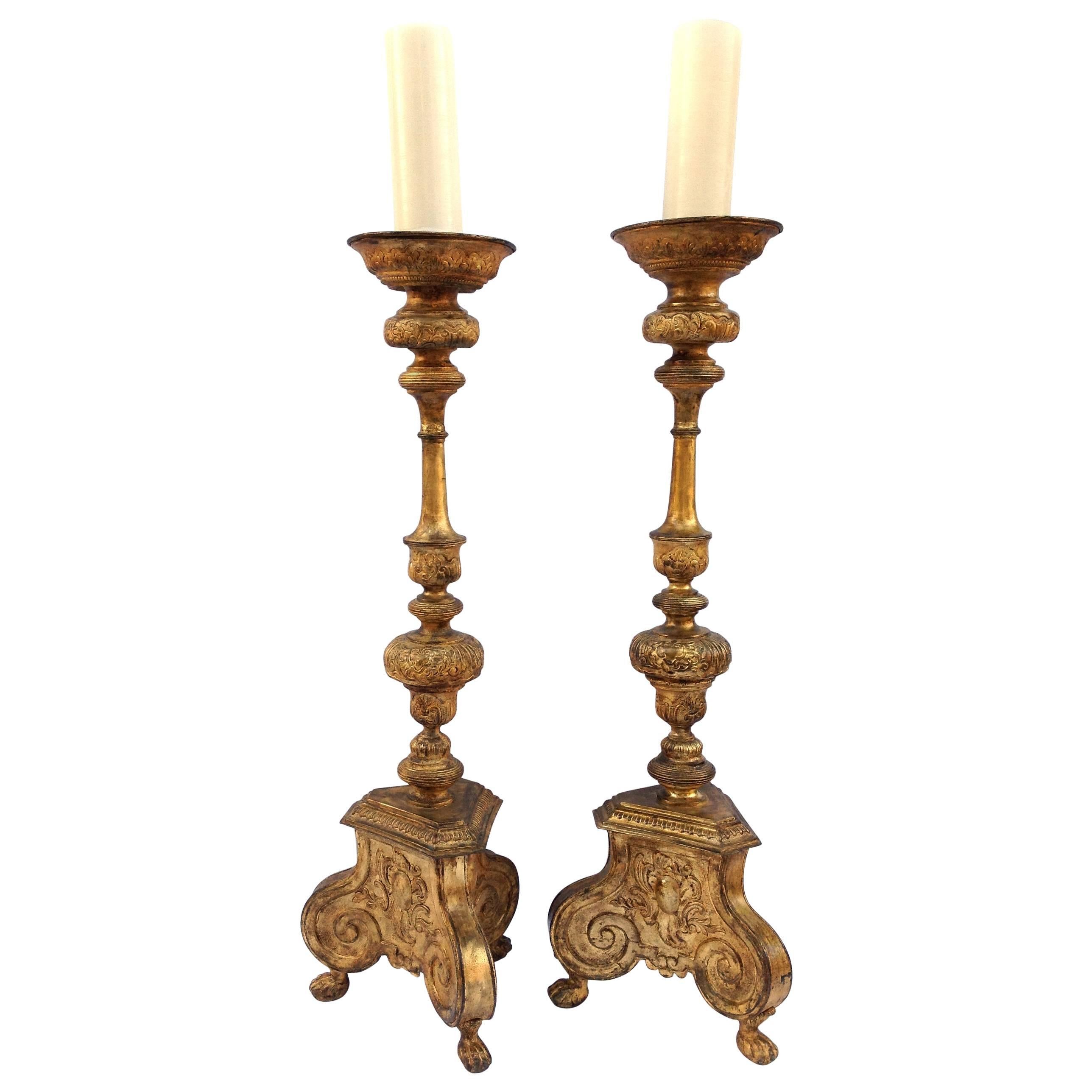 Pair of Large Candleholders, Embossed and Gilded Metal, Italy, 19th Century