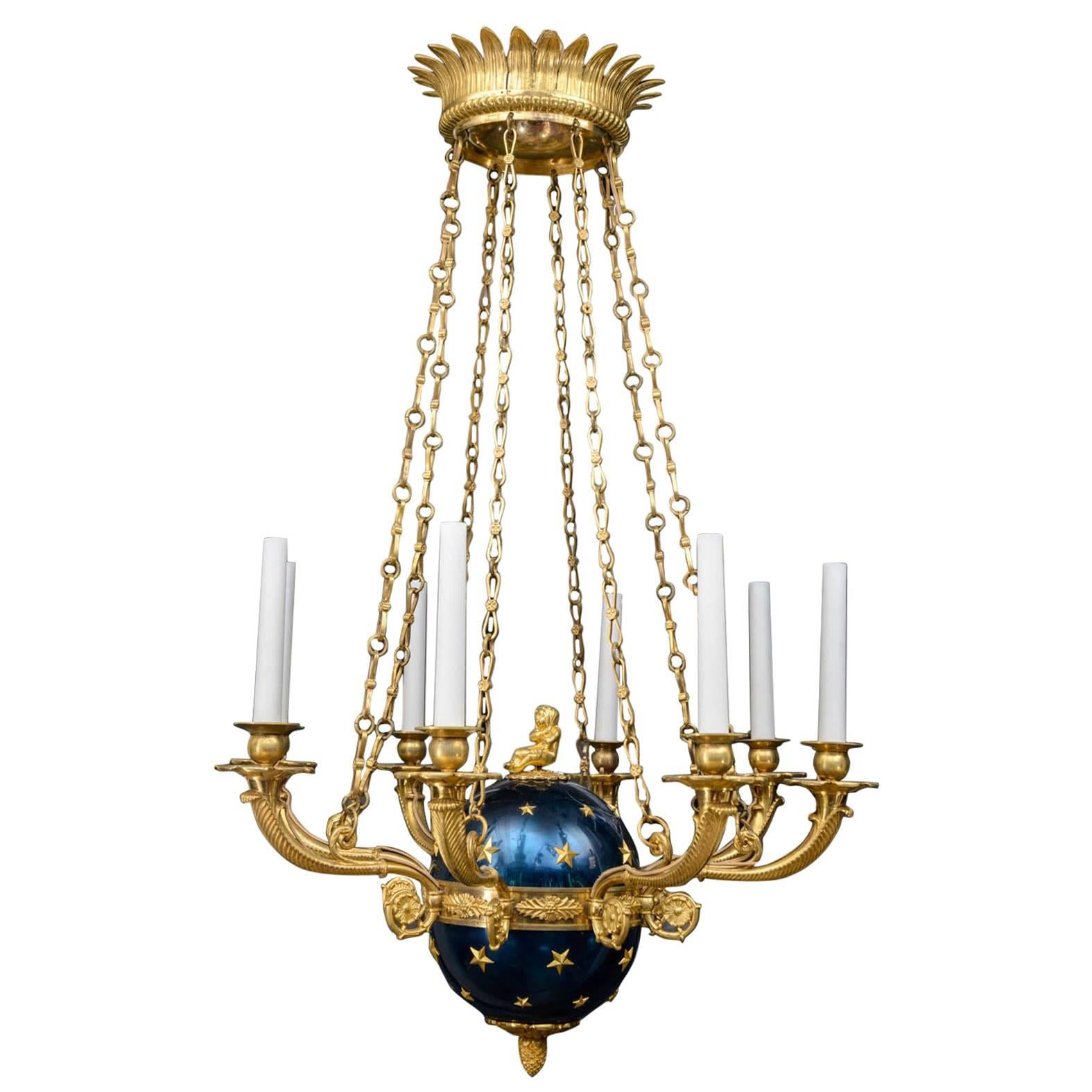 French Ormolu and Blue Steel Sphere Eight-Light Chandelier Empire Period For Sale