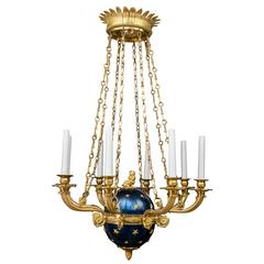 French Ormolu and Blue Steel Sphere Eight-Light Chandelier Empire Period