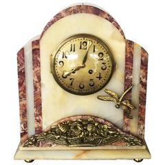 Antique French Art Deco Bronze and Marble Clock with Dragonfly