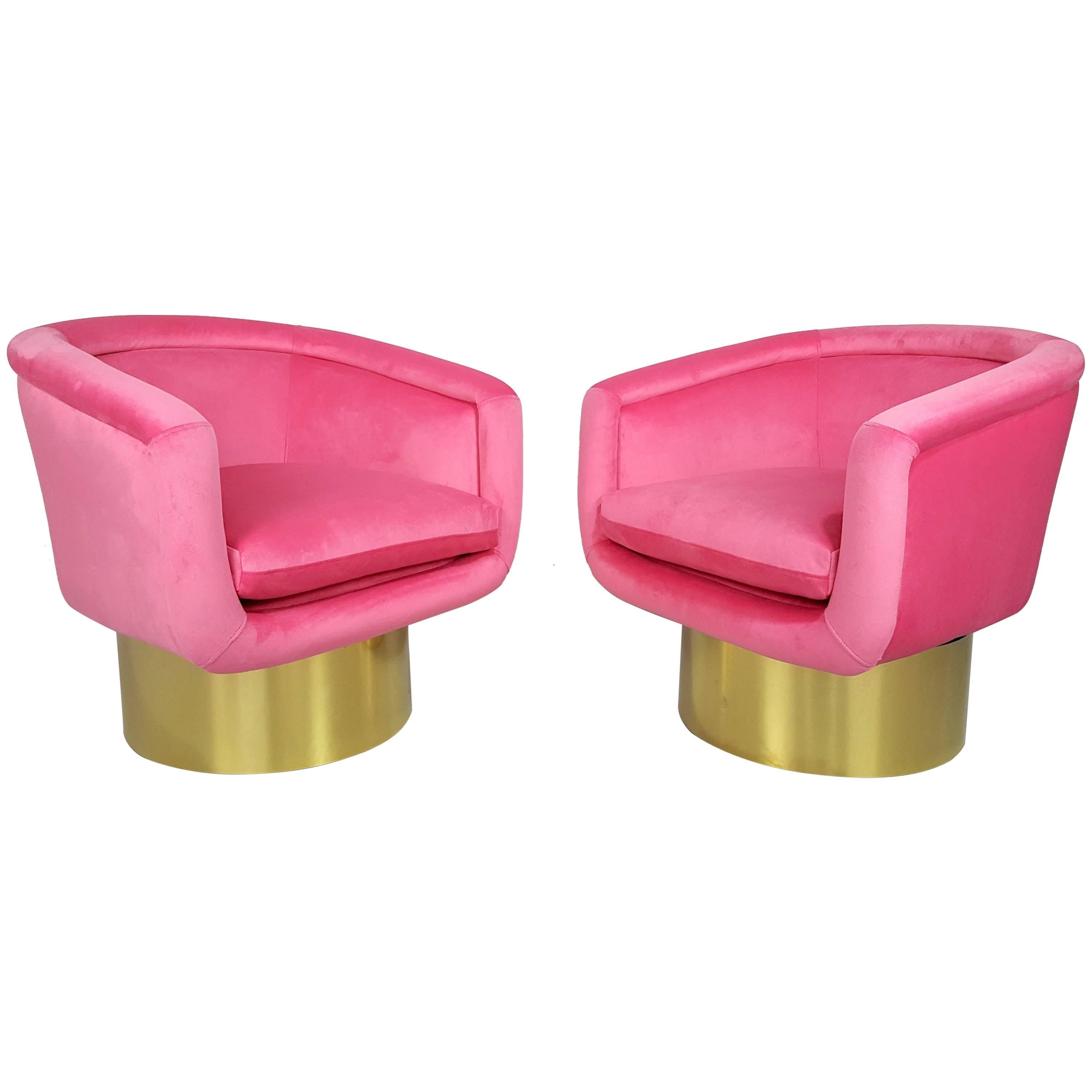 Luscious Swivel Lounge Chairs in Pink Velvet with Polished Bronze Bases, 1970s