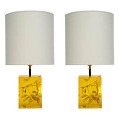 Pair of Bright Yellow Fractal Resin Lamps