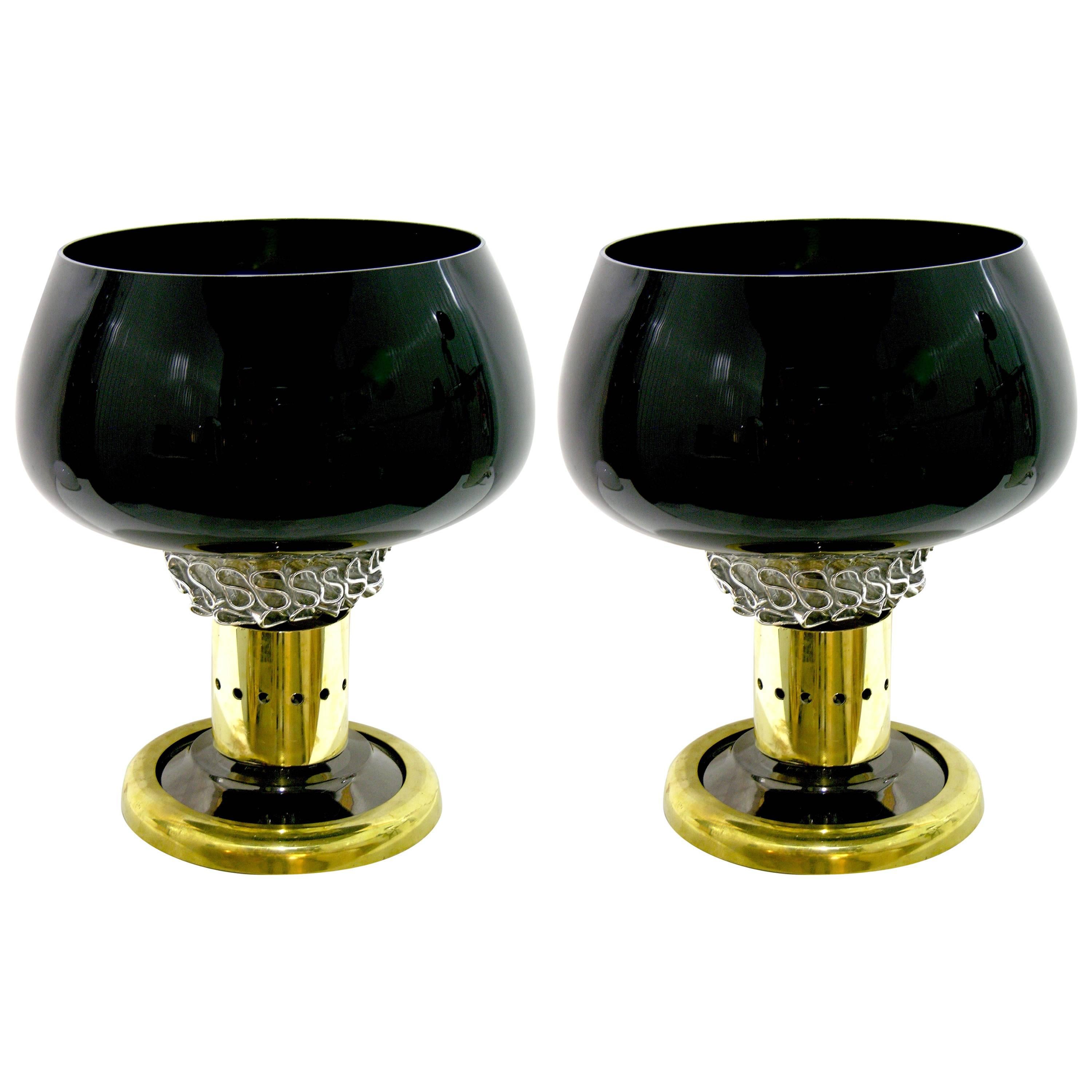 1980 Seguso Vetri d'Arte Italian Bespoke Brass Pair of Purple Murano Glass Lamps (Paire de lampes en verre de Murano) en vente