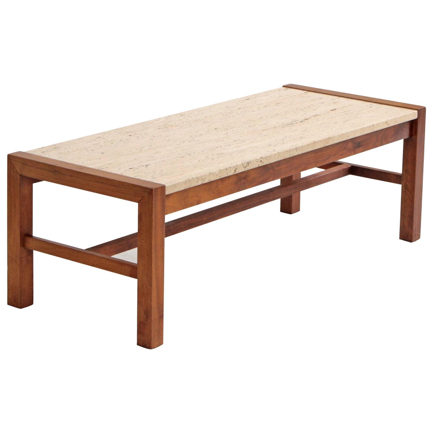 Travertine and Walnut Midcentury Coffee Table at 1stdibs