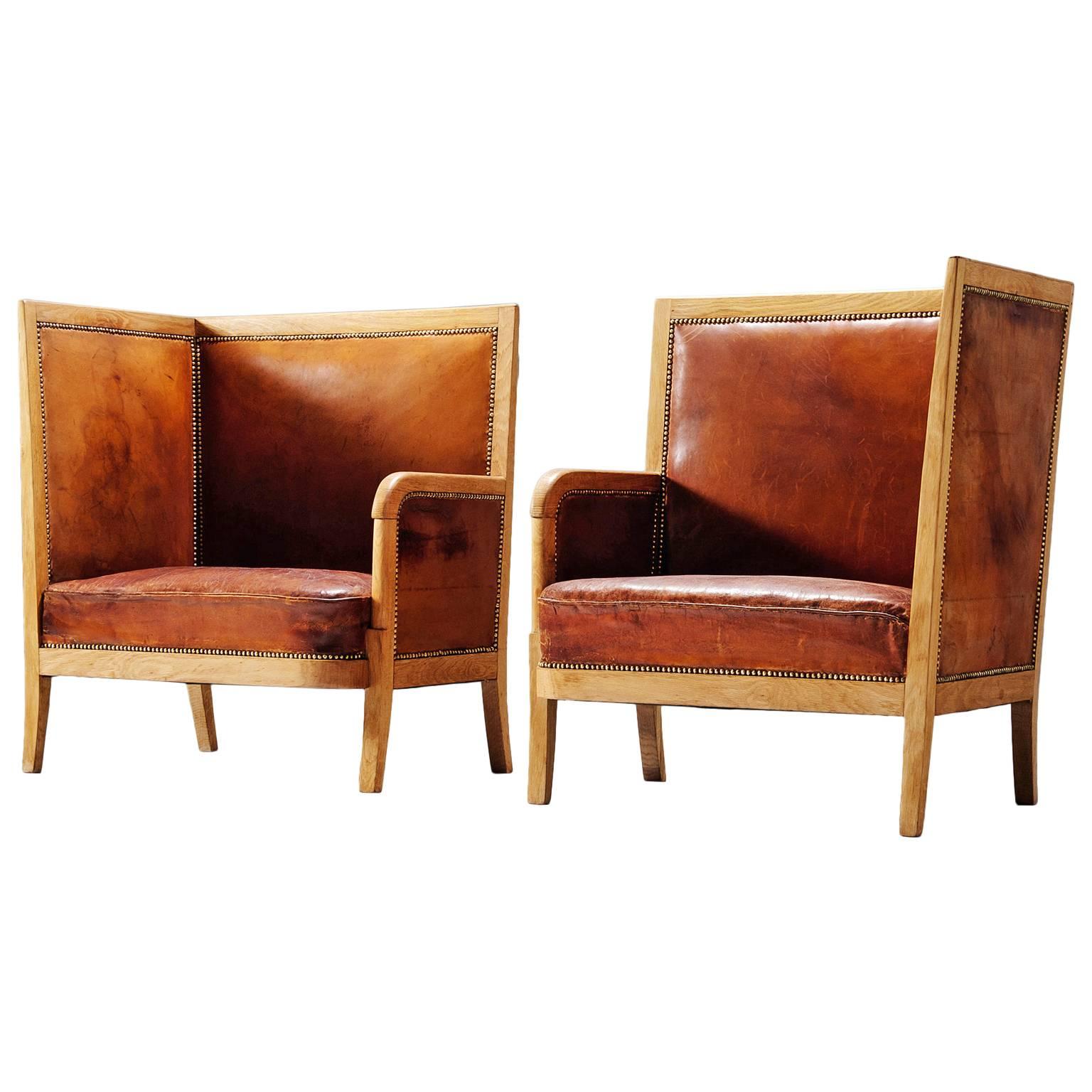 Pair of High Back Chairs in Cognac Leather