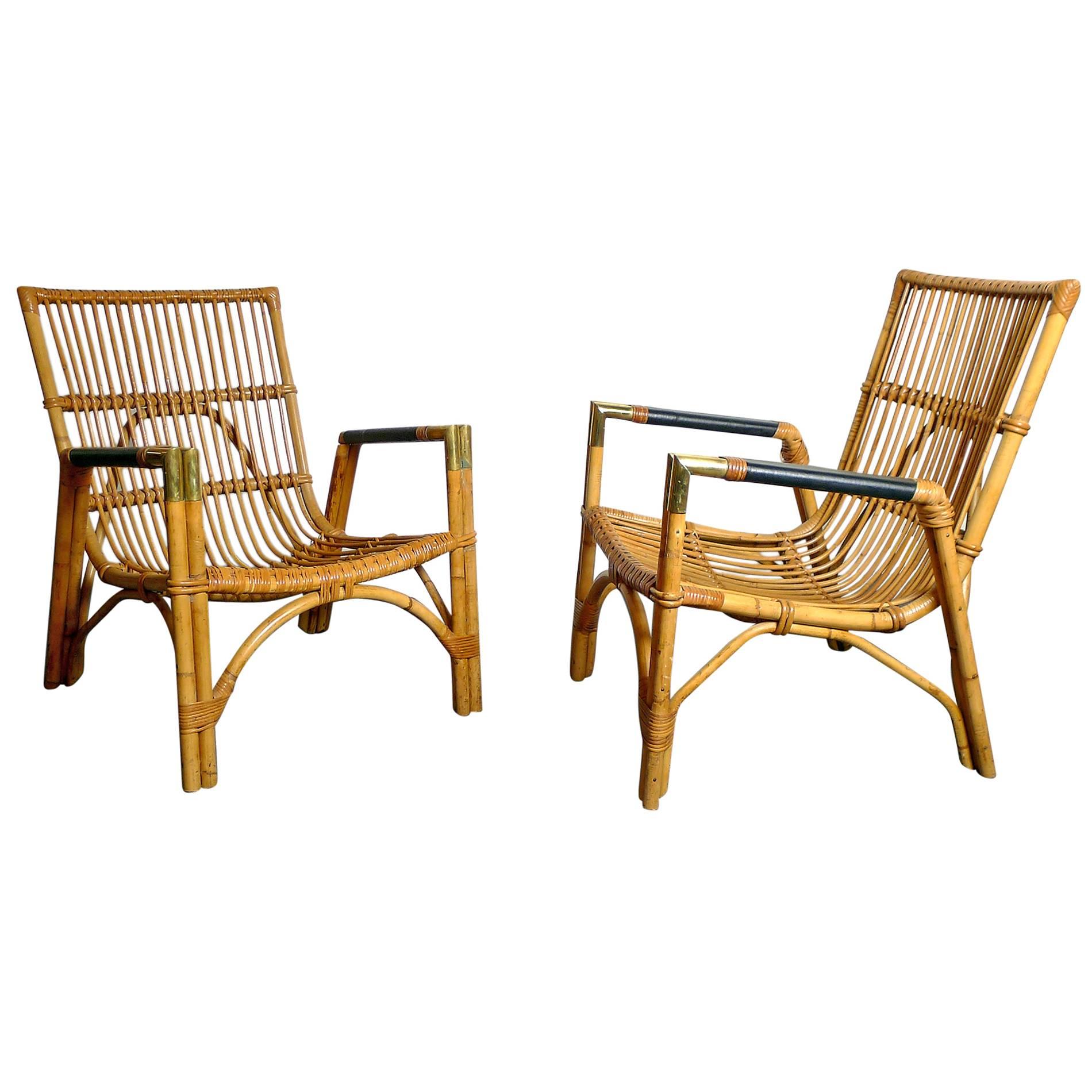 Pair of Armchairs in Rattan, circa 1950 For Sale