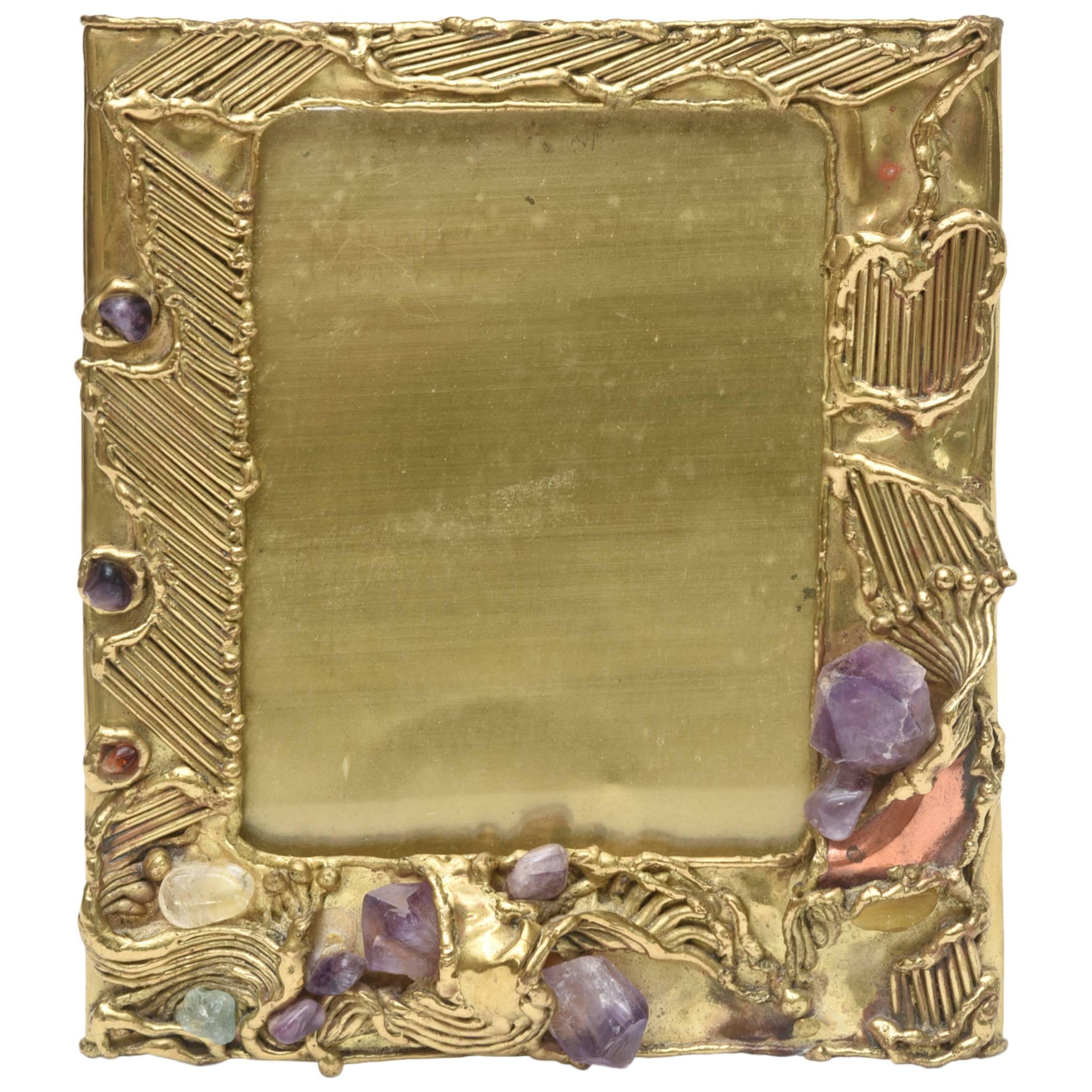 Sculptural and Jeweled Brass/Amethyst, Quartz and Agate Picture Frame/Mirror