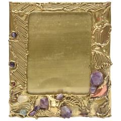 Sculptural and Jeweled Brass/Amethyst, Quartz and Agate Picture Frame/Mirror