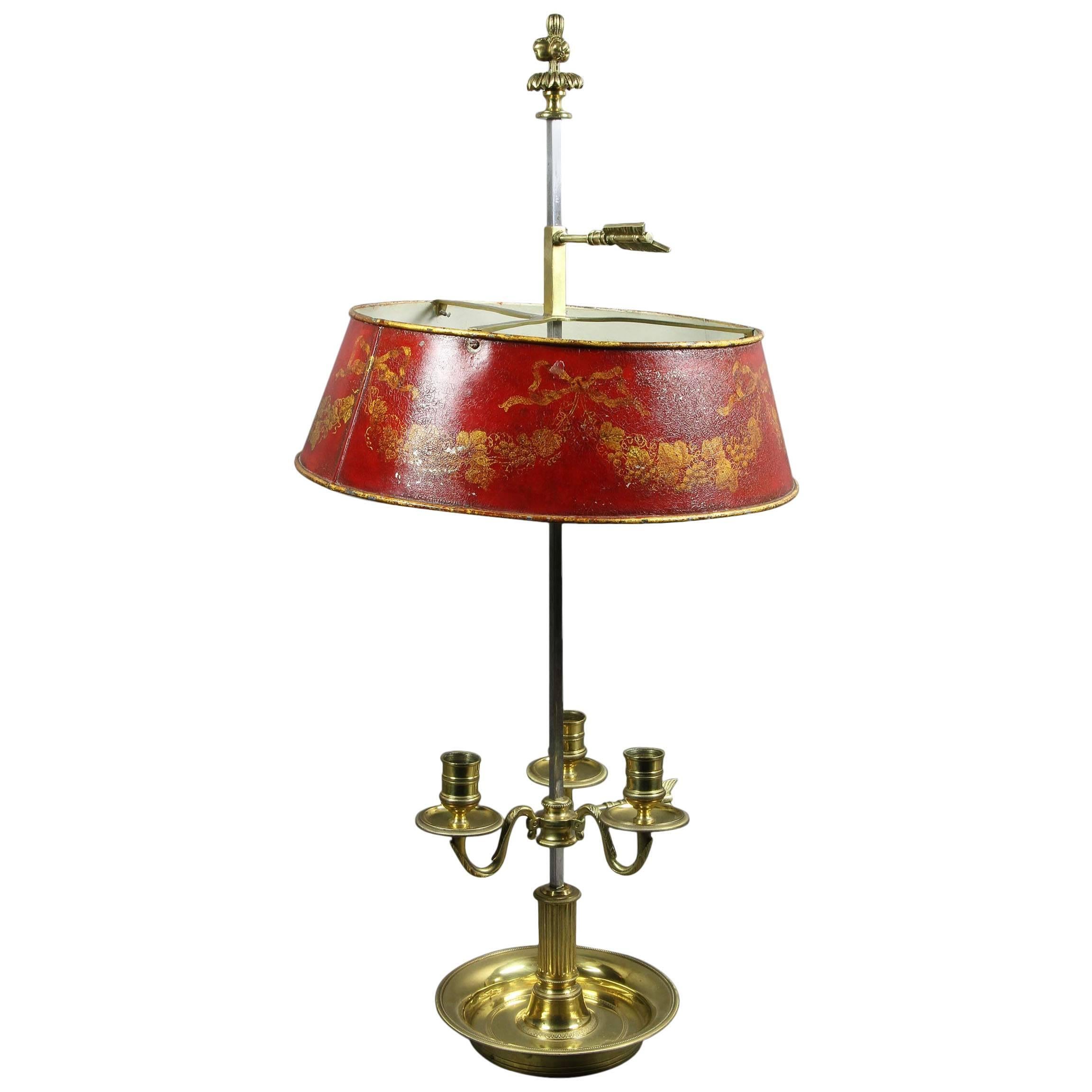 Louis XVI Brass and Red Tole Bouillotte Lamp