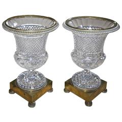 Pair of French Cut Crystal and Bronze Ormlou Mounted Urns