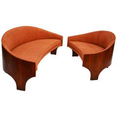 Henry P. Glass Mid-Century Curved Walnut and Upholstered Sofa and Settee