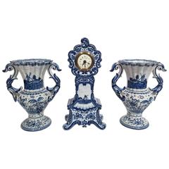 Pair of Antique Blue and White Delft Vases with Matching Mantel Clock