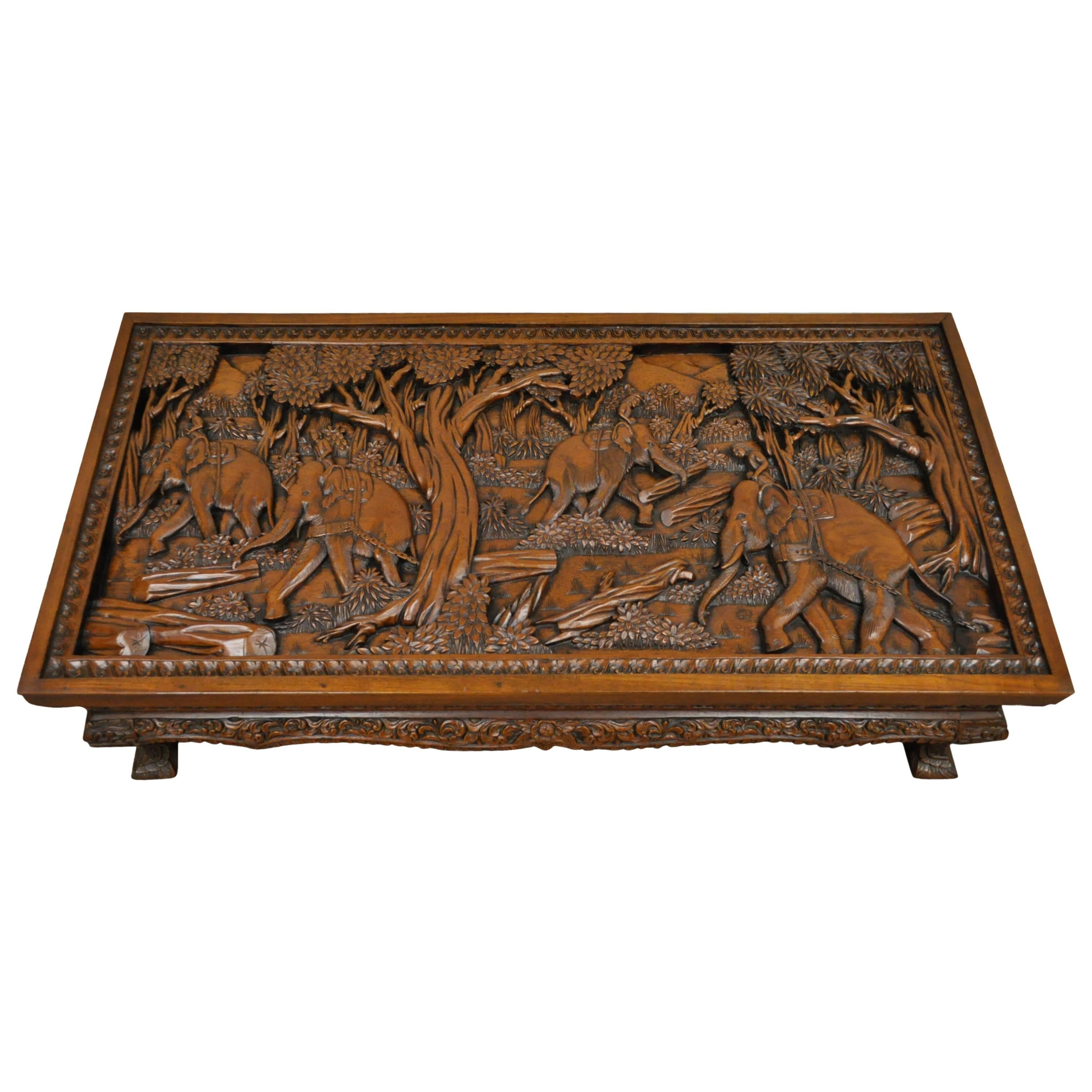 20th Century Vietnamese Hand-Carved Asian Coffee Low Table with Elephant Scene For Sale