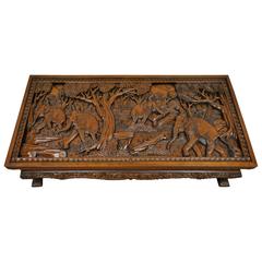 20th Century Vietnamese Hand-Carved Asian Coffee Low Table with Elephant Scene