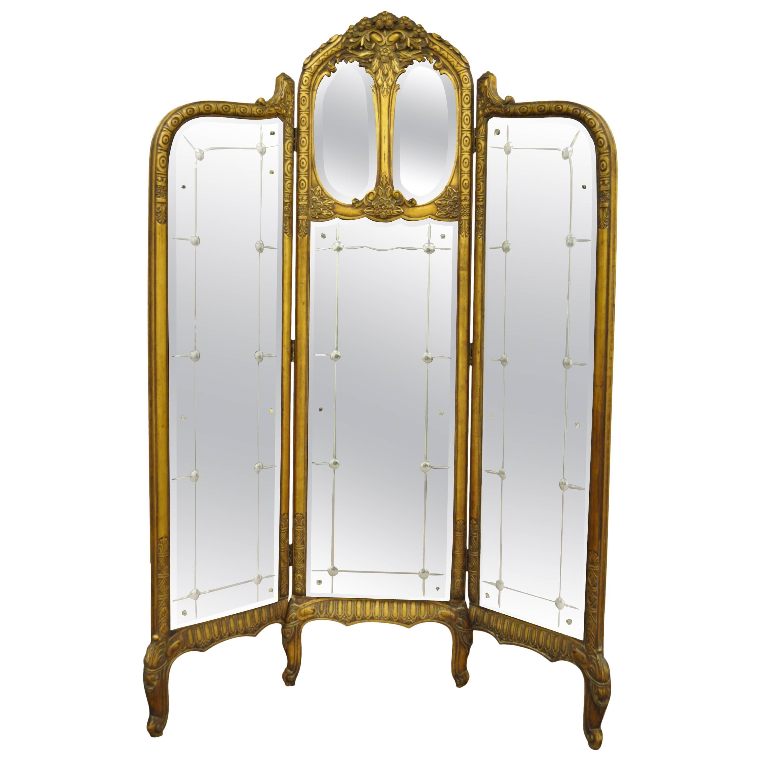 French Louis XV Style Three Section Gold Gilt Wood Mirror Screen or Room Divider