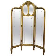 Antique French Louis XV Style Three Section Gold Gilt Wood Mirror Screen or Room Divider