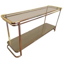 Brass Smoked Glass and Mirrored Console Table