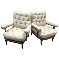 Pair of Edwardian Upholstered Tufted Open-Arm Library Chairs