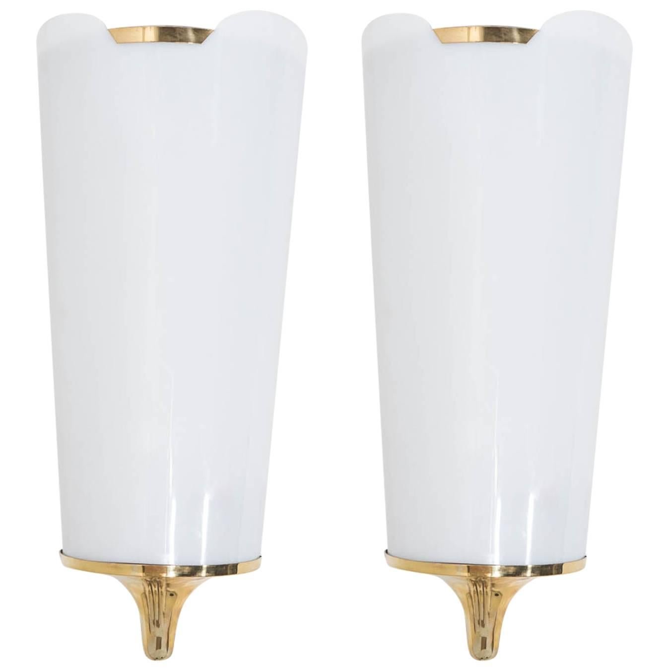 Pair of White Acrylic and Brass Italian Sconces, circa 1950s For Sale