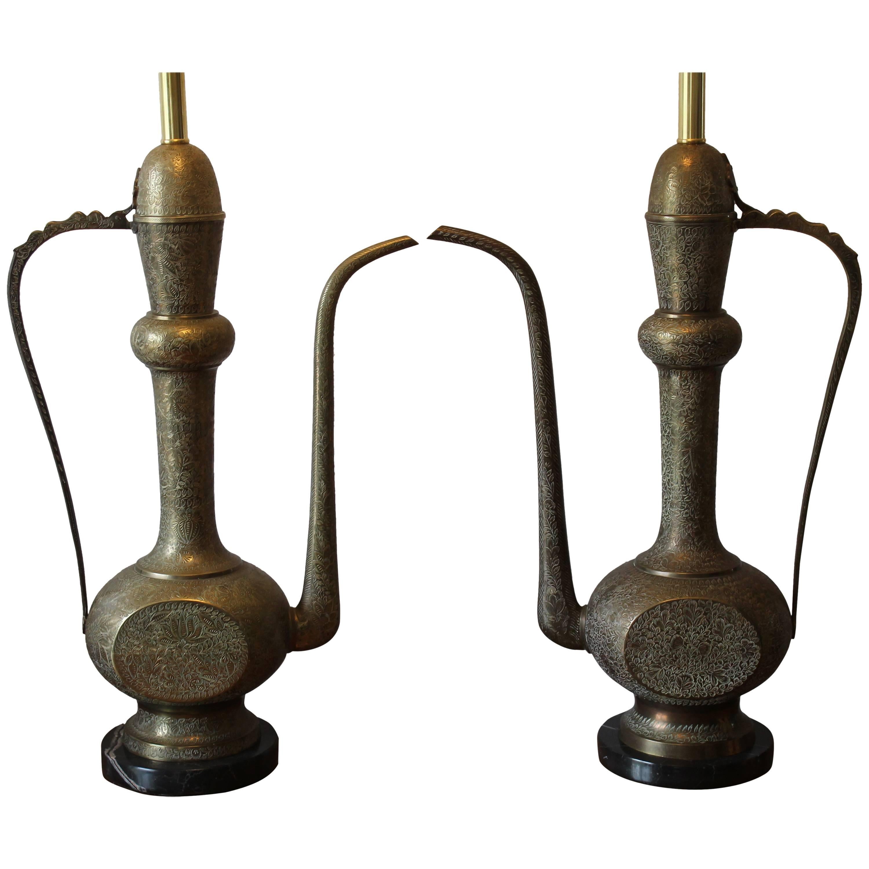 Pair of Engraved Brass Ewer Lamps