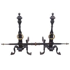 Antique 1920s Bronze and Wrought Iron Pair of Andirons