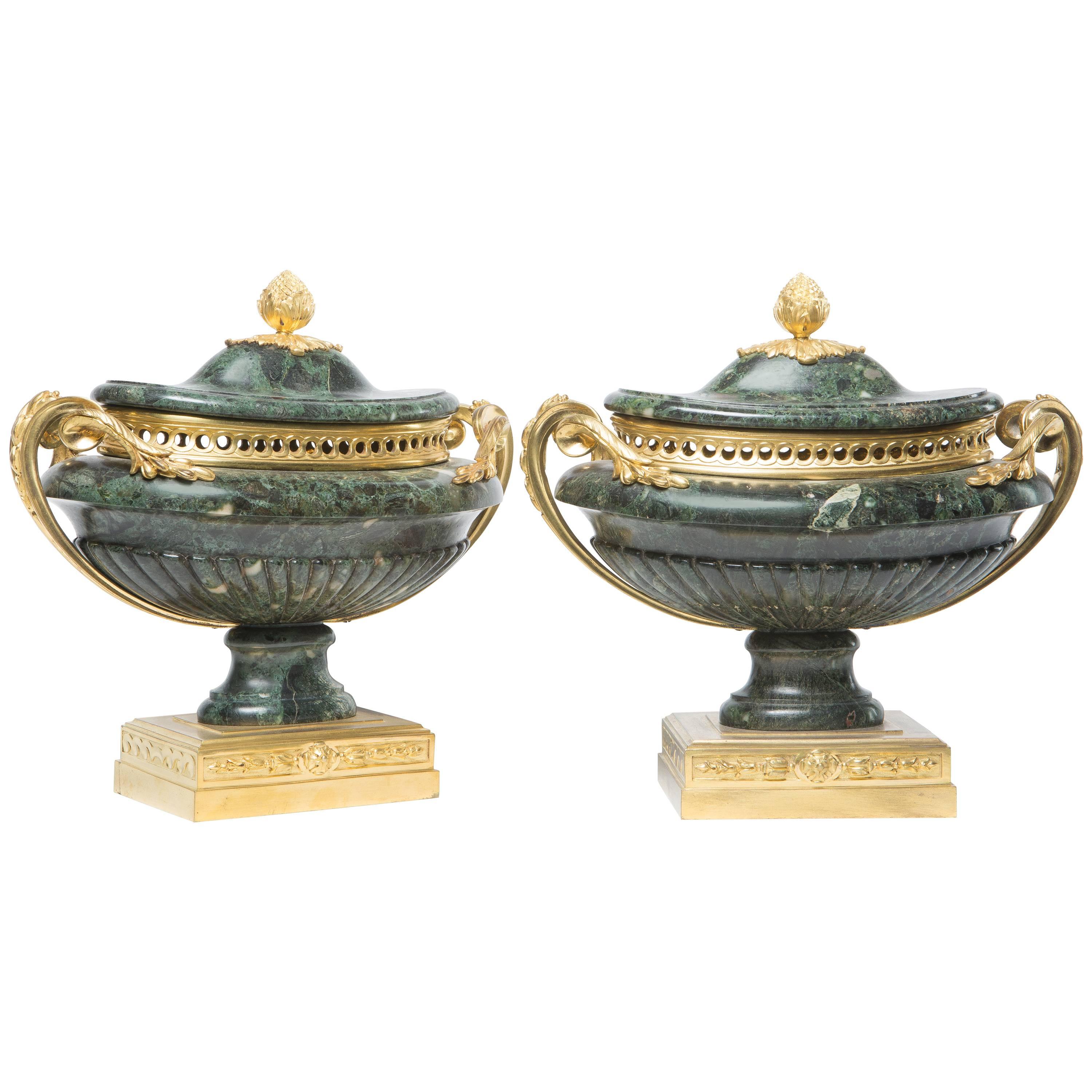 Fine Pair of French Louis XVI Style Gilt Bronze-Mounted Green Marble Lidded Urn For Sale
