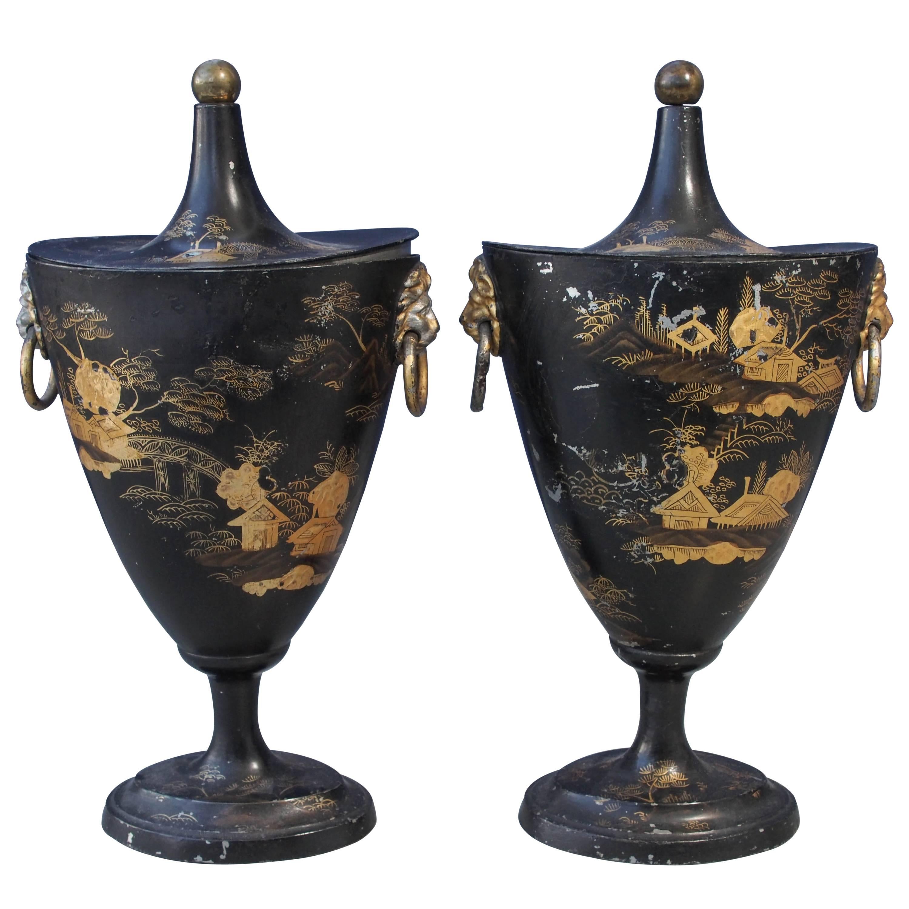 Pair of Early 19th Century Tole Piente Chestnut Urns with Chinoiserie Decoration For Sale