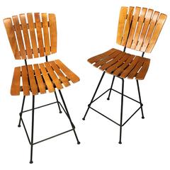 Pair of Swivel Birch and Iron Counter Stools, Arthur Umanoff, USA, Late 1950s