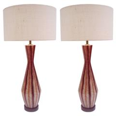 Pair of 1950s Ceramic Tall Striped Atomic Age Table Lamps