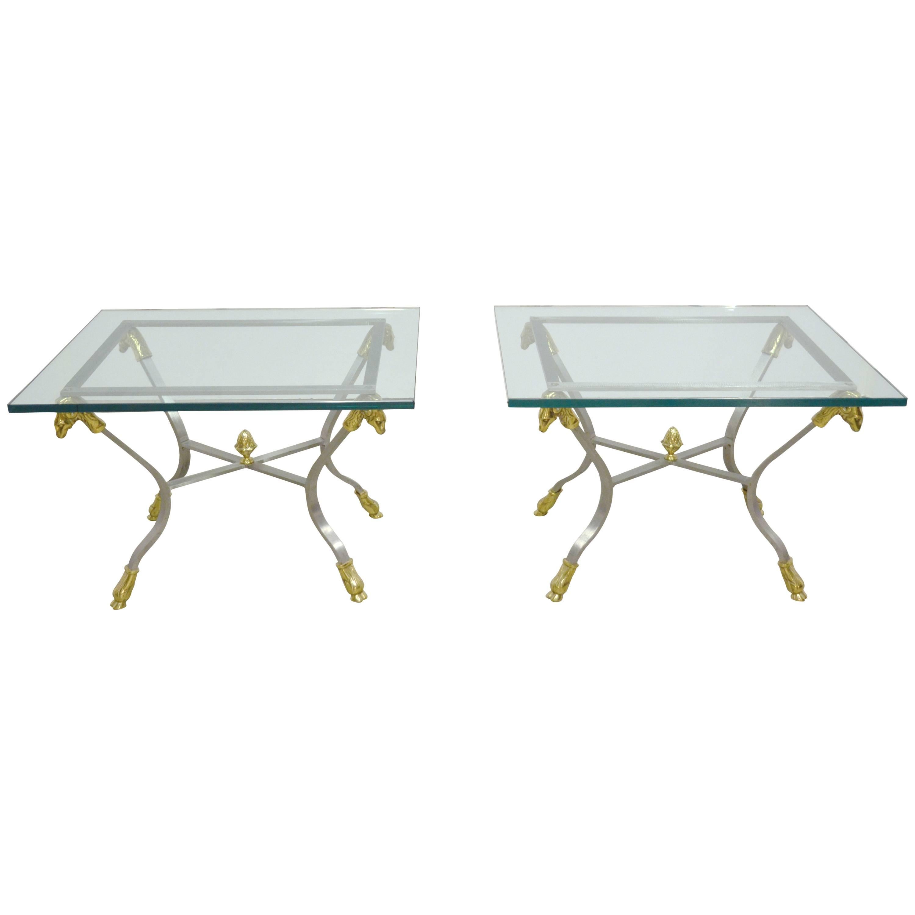 Jansen Style Pair of Steel, Brass and Glass Side Tables