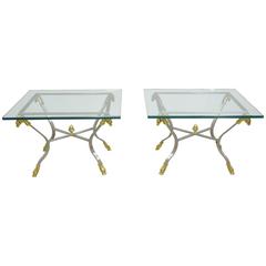Vintage Jansen Style Pair of Steel, Brass and Glass Side Tables