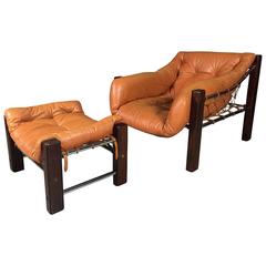 Leather and Jacaranda Lounge Chair with Ottoman, Jean Gillon, Brazil, 1970