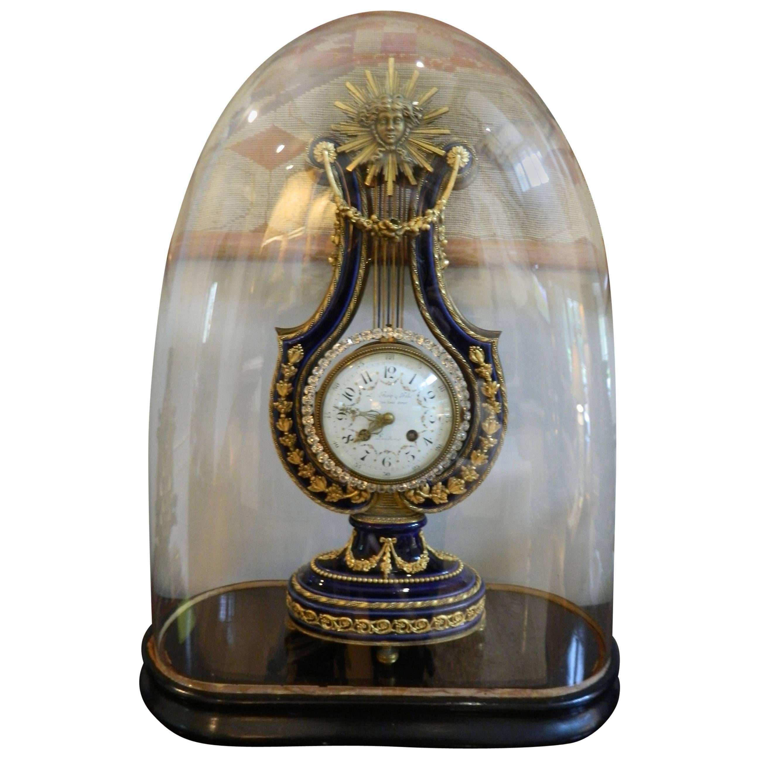 French Lyre Mantel Clock with Glass Dome, Third Quarter of the 19th Century