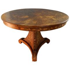Dutch Round Marquetry Centre or Dining Table on a Pedestal, Mid-19th Century