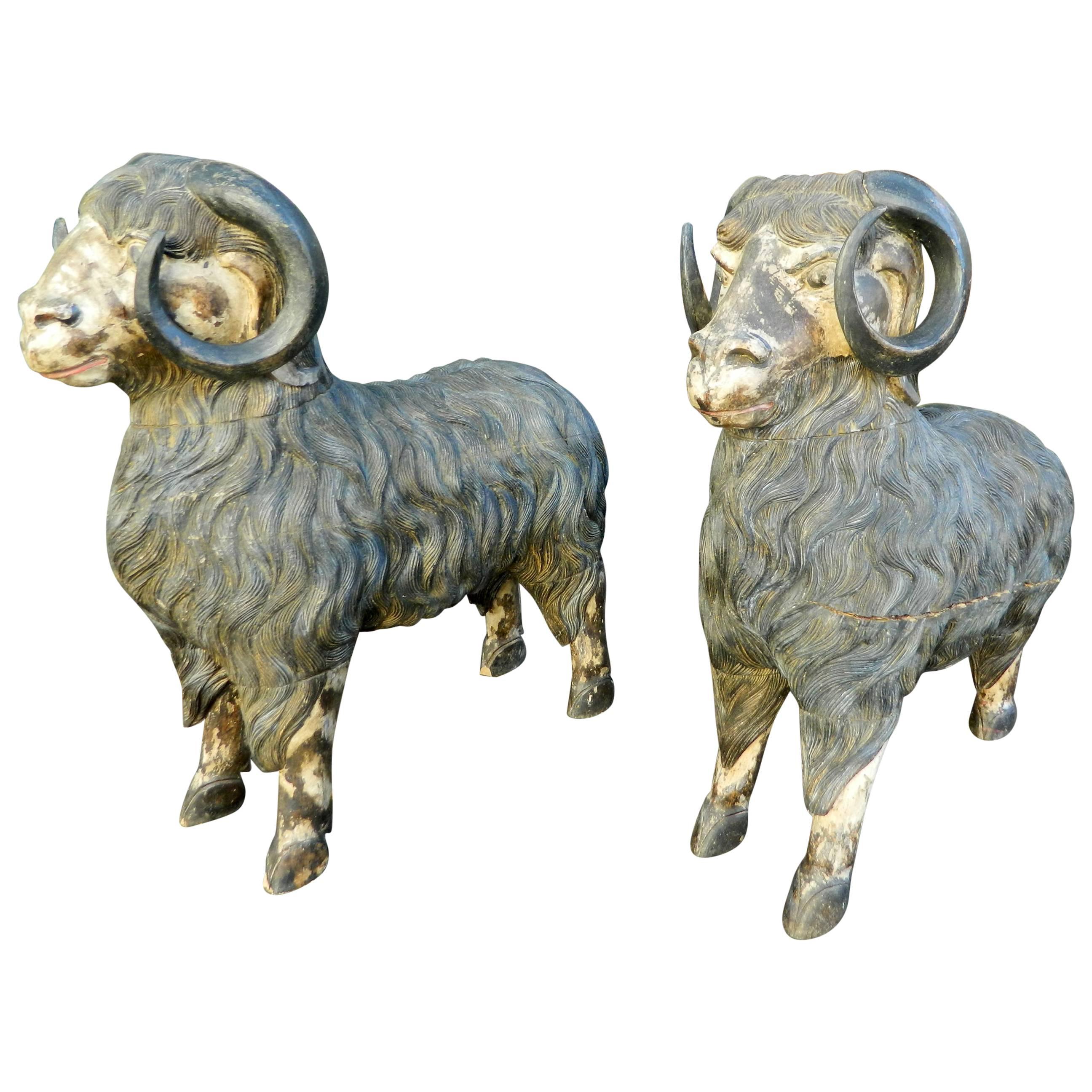 Monumental Size Pair of Balinese Carved Wood Rams, Early 20th Century
