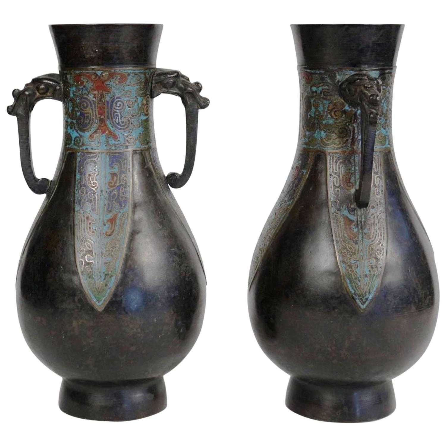 Pair of Bronze and Cloisonné Vases, Japan Champlevé, 19th Century For Sale