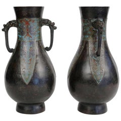 Antique Pair of Bronze and Cloisonné Vases, Japan Champlevé, 19th Century