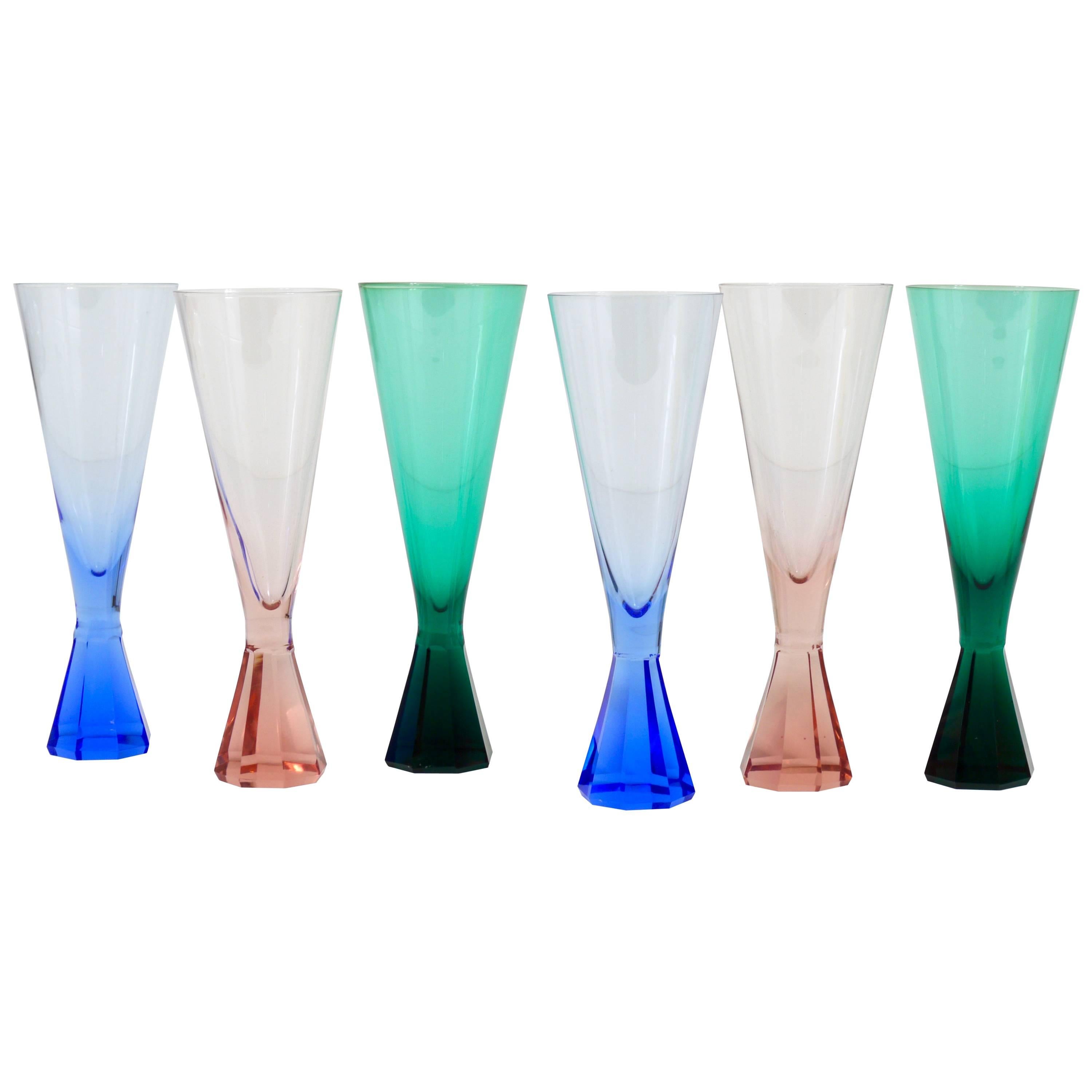 Six Faceted Diamond Champagne Flutes, Crystal Glass, Austria, 1950s