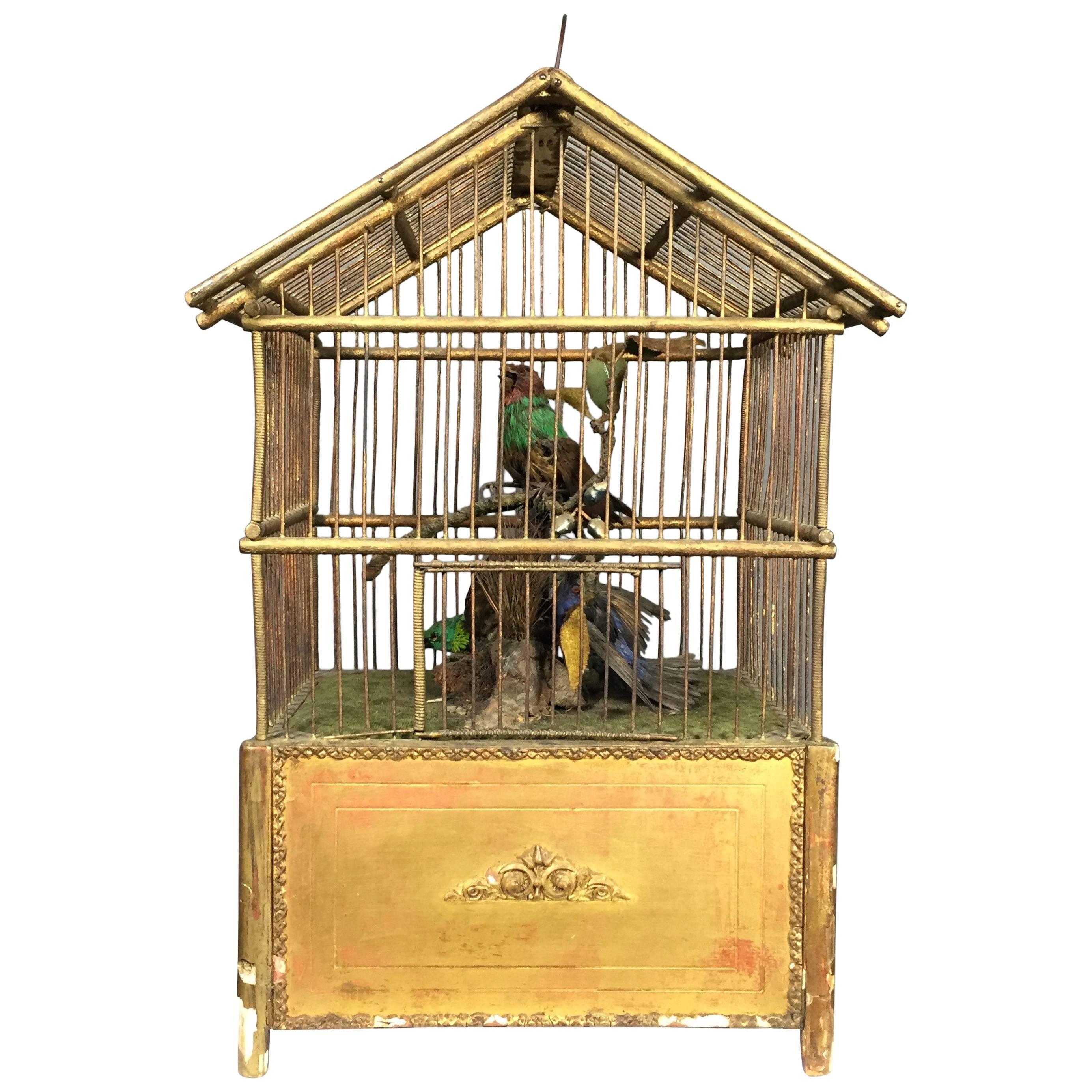 Victorian Automaton Birdcage with Three Taxidermy Birds, French, 1890