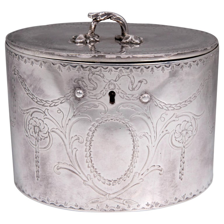 Antique Sterling Silver Repousse Tea Caddy Box 1786 William Plummer London For Sale