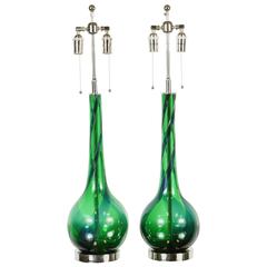 Large Pair of Gorgeous Emerald Green Murano Glass Lamps