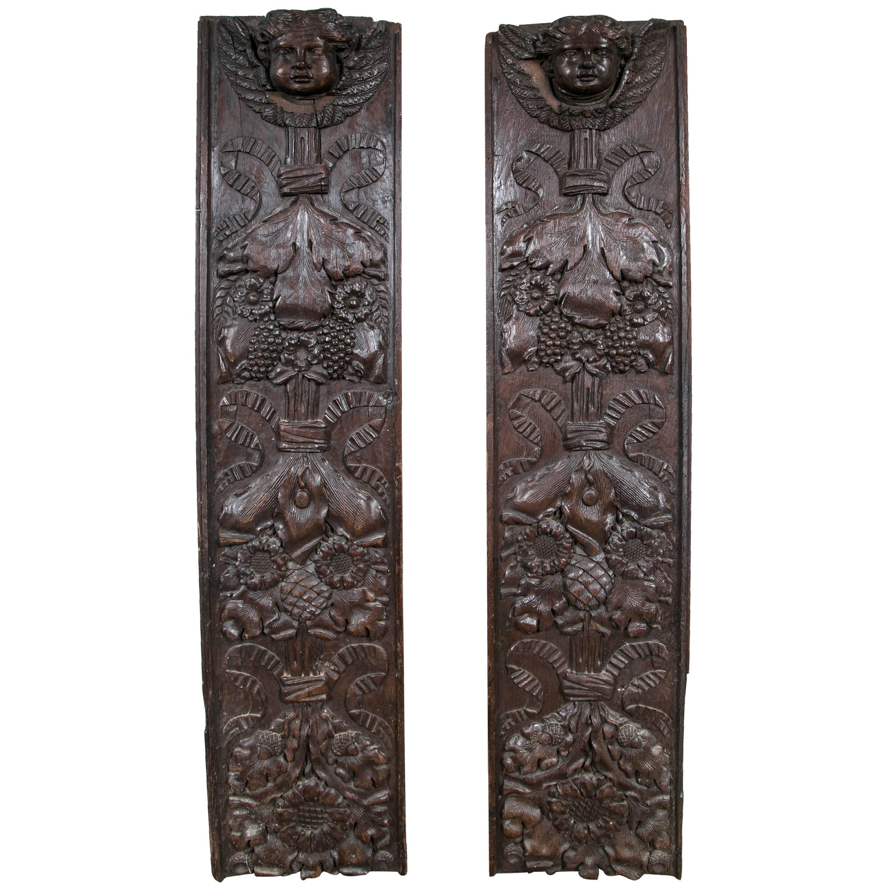 Pair Antique Carved Wood Decorative Panels