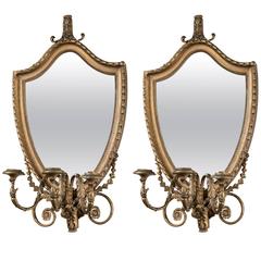 Pair of  Wood  Three Light, Shield Shaped Mirrored Sconces